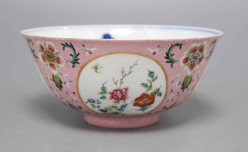 A Chinese pink ground medallion bowl, Qianlong mark but later, diameter 15cm